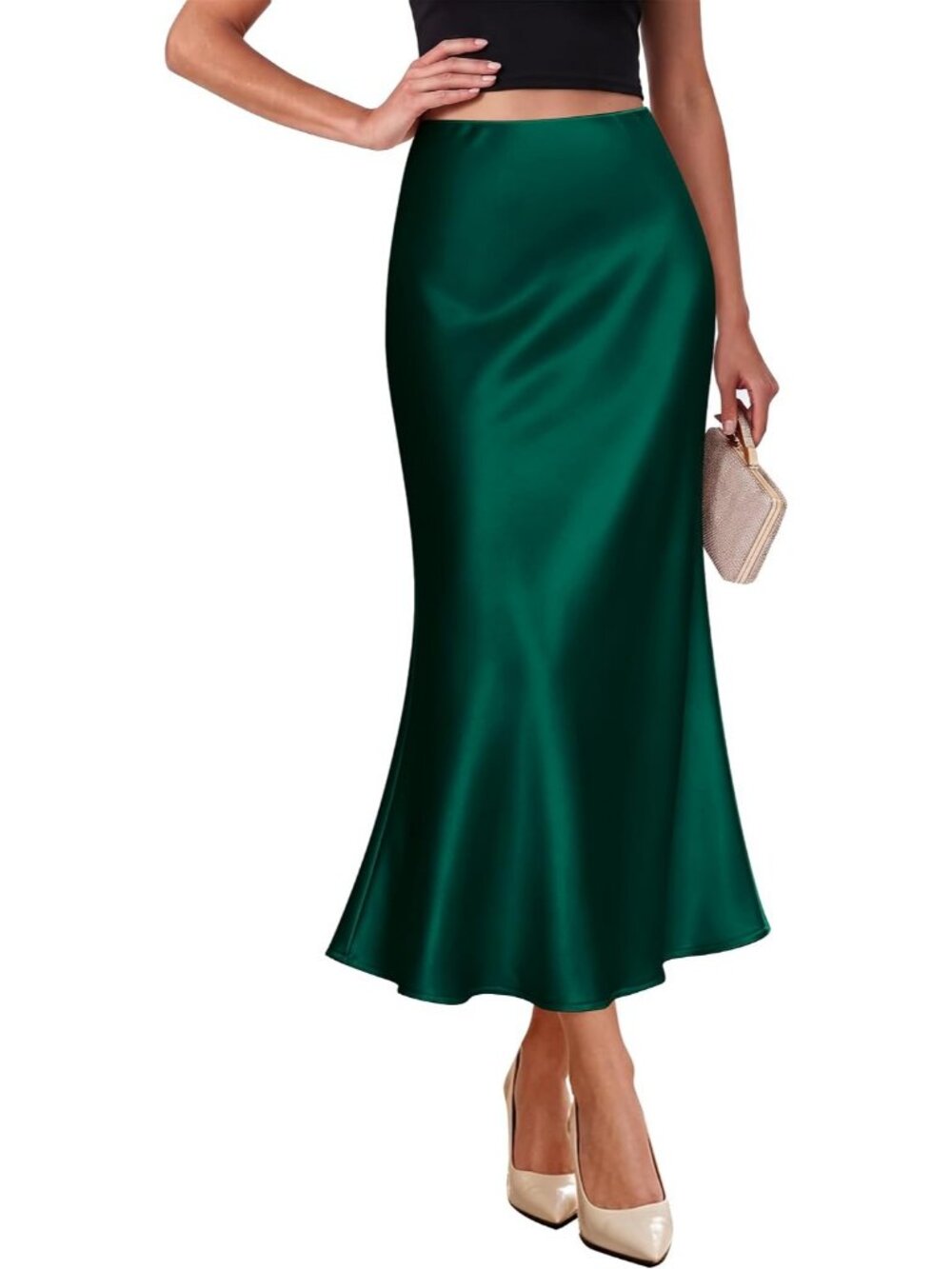 Women's Tealgreen Elegant Satin High Waist Silk Bias Cut Slip Pull On Midi Skirt